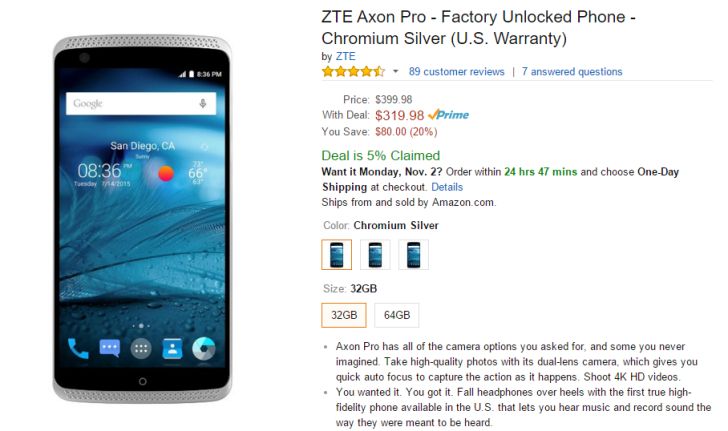 Fotografía - [Offre Alerte] ZTE Axon Pro Sur la vente via Amazon foudre pacte pour 319,98 $ (80 $ de rabais) Jusqu'à 13 heures du Pacifique
